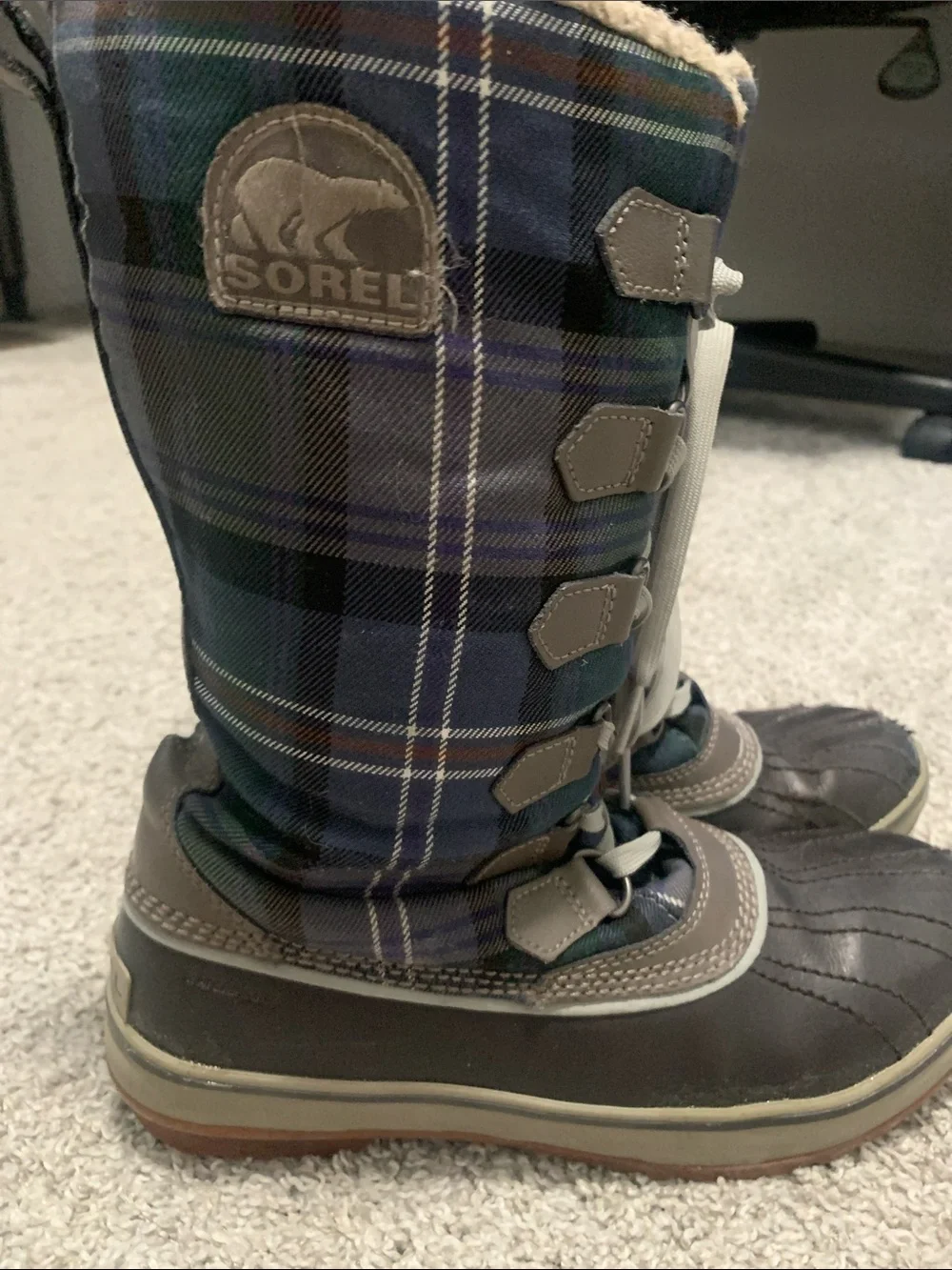 Sorel Tivoli Blue Plaid Tall Lace-Up Rain & Snow Boots